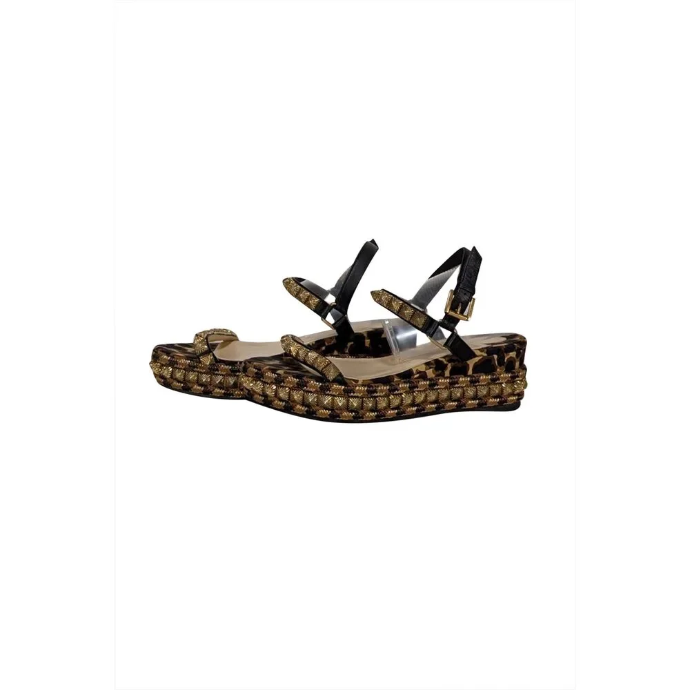 Christian Louboutin - Gold & Black Print Wedge Pyraclou Sandal Heels Sz 8